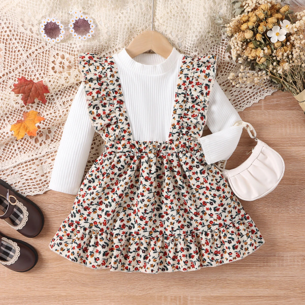 2st Toddler 95 % bomull Söt print blommig klänning med fladdrande set Apricot 5-6Years