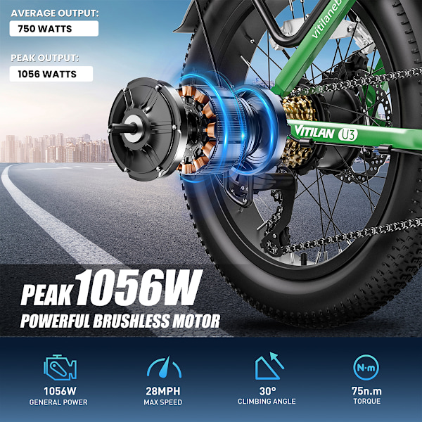 Vitilan U3 Vikbar Elcykel - 750W 48V 13AH - Stegen Genom - grön