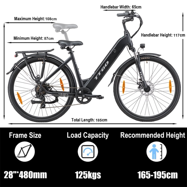 TTGO HZ-28ST Elcykel, 350W 36V 20Ah, Shimano 7S, Svart svart