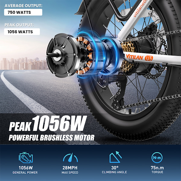 Vitilan U3 Vikbar Elcykel - 750W 48V 13AH - Stegen Genom - vit
