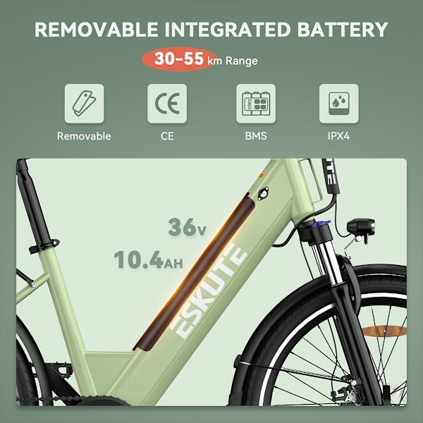 ESKUTE C100 Stadscykel med Elmotor, Step-Through, 250W 36V 10.4Ah, 25km/H grön