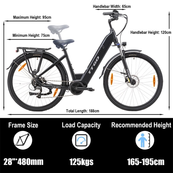 TTGO XK-ZZ-28ST Elcykel, Bafang Mittmotor 250W, 36V 20Ah, Svart svart New Version