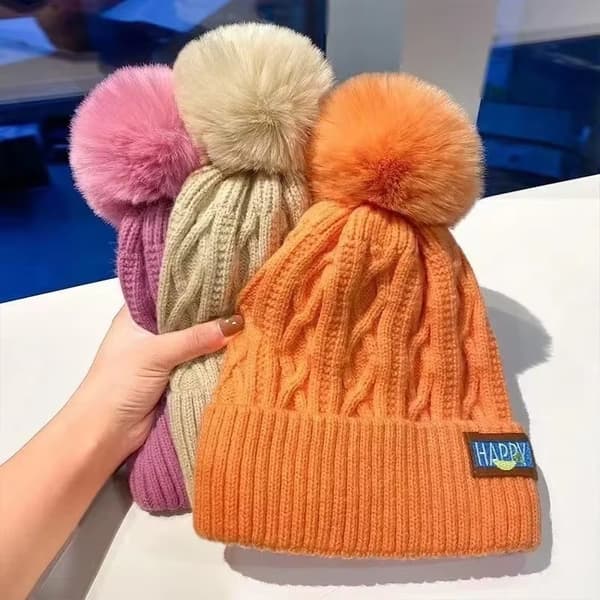 Dam Pom Pom Dam Vintermössa Kabelstickad Tofsmössa Varm Ullmössa* Black