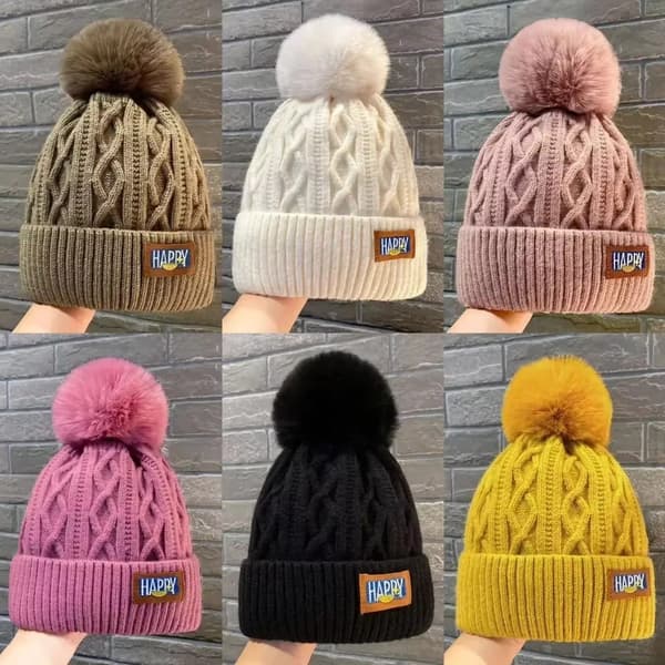 Dam Pom Pom Dam Vintermössa Kabelstickad Tofsmössa Varm Ullmössa* Pink