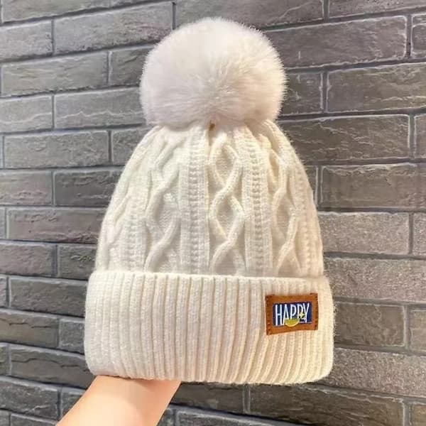 Dam Pom Pom Dam Vintermössa Kabelstickad Tofsmössa Varm Ullmössa* Black