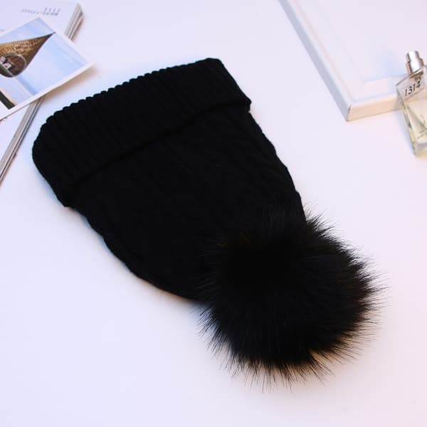 Vintermössa för damer, ull, kabelstickad, tofs, varm pompom white