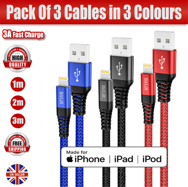 iPhone Laddningskabel 3-pack MFI Certifierad Lightning Snabbladdningskabel 1M, 2M, 3M 3m (3pack) black, red, blue