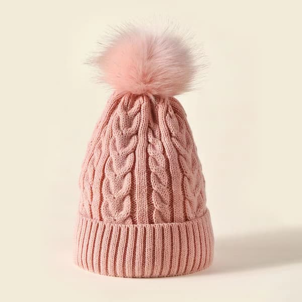 Vintermössa för damer, ull, kabelstickad, tofs, varm pompom red