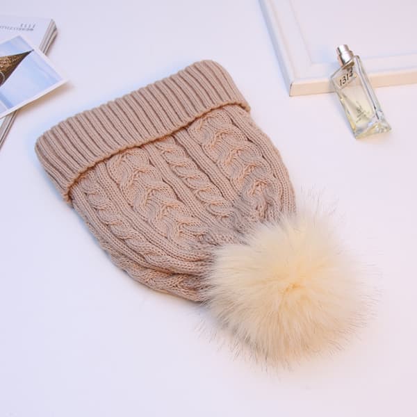 Vintermössa för damer, ull, kabelstickad, tofs, varm pompom pink