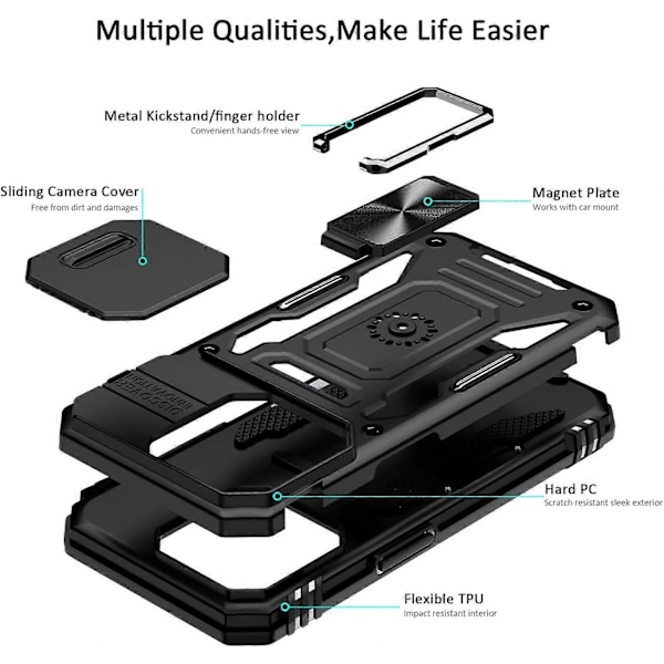 iPhone 13 Pro Skal med Skjutbar Kameraskydd, Falltestat, Militärklass, Robust, Hållbart, Svingbart Ringstativ, Telefonfodral (Svart)