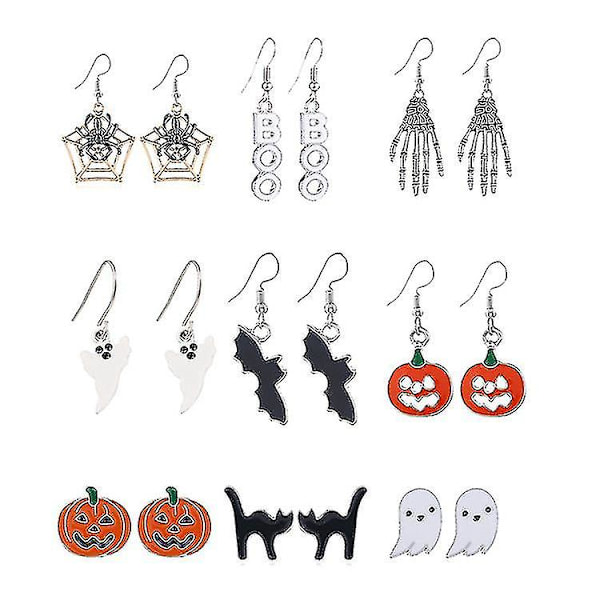 9 par Halloween Stud Øredobber Halloween Smykker Drop Dangle Øredobber Gresskar Svart Katt Stud Øredobber