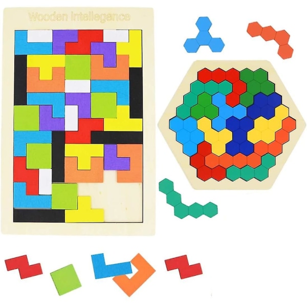 2-pakke russiske treblokker-puslespill + sekskant-puslespill som er kompatible med barn og voksne