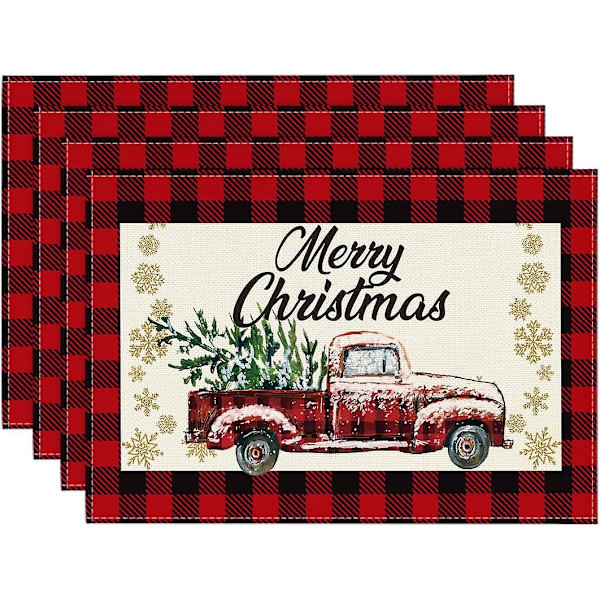 Röd och svart buffelrutig lastbil God Jul Servetter Set om 4, 30,48 x 45,72 cm Vinter Jul Semester Bordsskydd för Fest Dekoration
