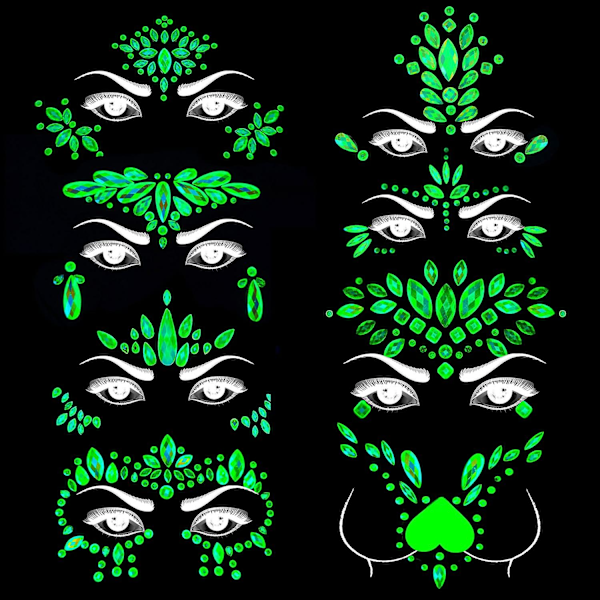 8 set Självlysande Ansiktsstenar Rave Blacklight Kroppsdekaler Självlysande Ansiktsjuveler Fluorescerande Ansiktstatuering Kristaller Strass Dekal Bo