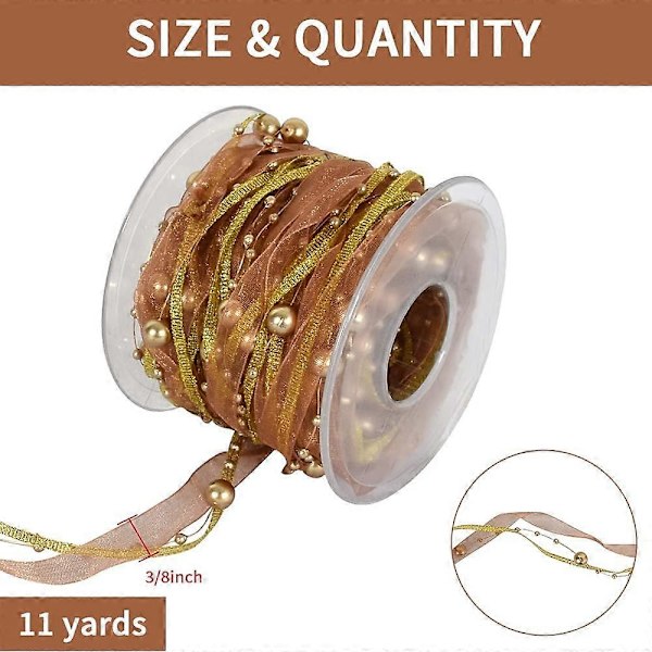 11 Yards Guld Pärlkedja Band Konstgjorda Pärlor Sträng Pärlor Transparent Chiffon Satin 3 Strängar Stil för Girlang Bröllop Fest Hantverk Dekoration Present W