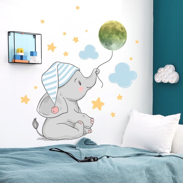 1 set härlig elefant med cap väggdekor, självlysande måne väggdekor, molnstjärna tecknad väggdekor, avtagbar DIY konstväggmålning för barn