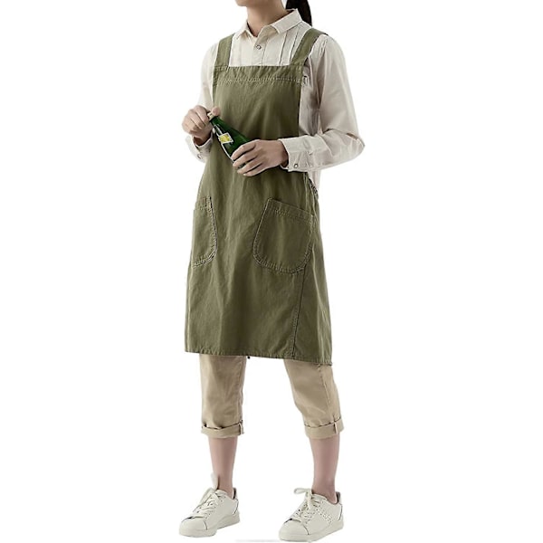 Japansk Bomullslinne Korsrygg Förkläde för Kvinnor med Fickor, Mode Pinafore Klänning för Trädgårdsarbete Måleri Rengöring Matlagning