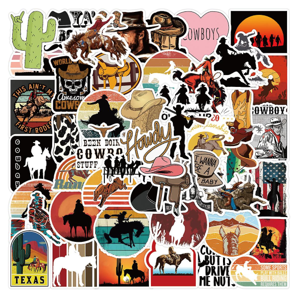 50 stk. Cowboy-klistermærker, Country Western-klistermærker i vinyl, vandtætte klistermærker til vandflaske, bærbar computer, bagage, hjelm, skateboard, snowboard, guitar, scrapbog