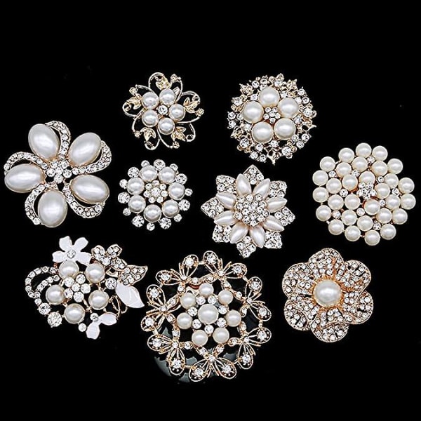 Lot 9pcs Rose Gold-Tone Rhinestone brooches, Big Pearl Crystal Wedding Bouquet kit Set