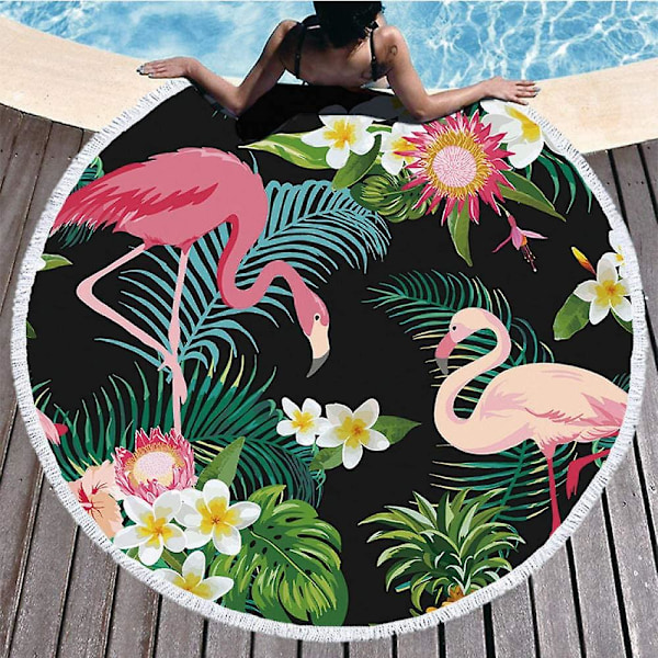 Strandhandduk 150 x 150 cm Tjock Rund Strandhandduk Överdimensionerad Filt, Mikrofibertyg med Bomullsfransar Tropisk Vit Blommig Djur Flamingo N