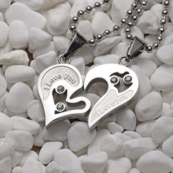 Rostfritt stål Herr Dam Par Halsband Hänge Love Heart Cz Puzzle Matching (Silver)