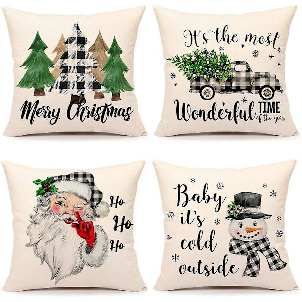 Julkuddar 18x18 Set om 4 Rosa Ränder Tomte Snögubbe Snöflinga God Jul Gran Låt Det Snöa