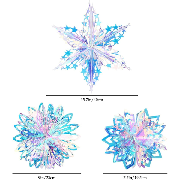 3-pack 3D Regnbågshängande Dekorationer för Festtillbehör, Regnbågsglänsande Snöflinga Boll Blomma Boll Hexagon Stjärna?fläkt Dekorativ för Födelsedag