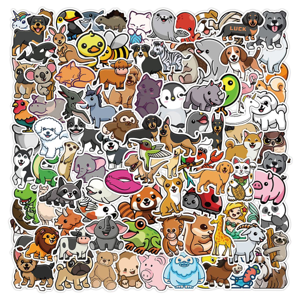GHYT 100 Cute Animal Stickers, Vinyl Waterproof Stickers til Laptop, Bumper, Skateboard, Vandflaske, Computer, Mobiltelefon, Cute Animal Stickers for