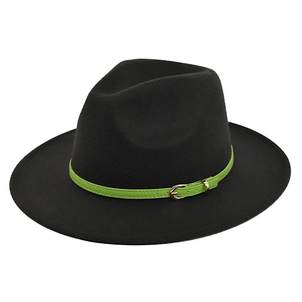 Klassisk Retro Jazz Hat Grøn Bælte Uld Hat Cowboy Hat Retro Sort Uld Flad Skygge Hat