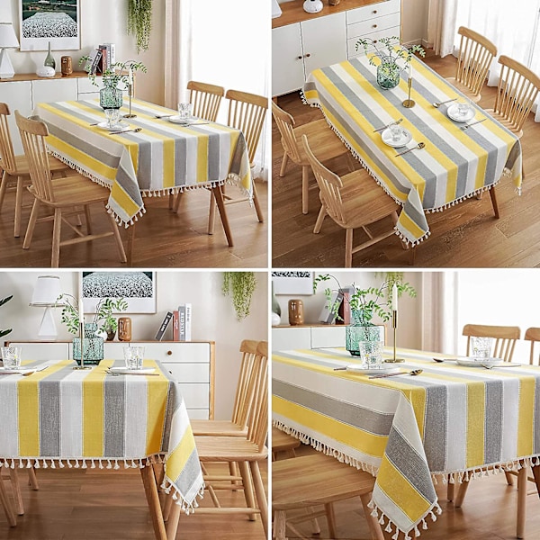 Randig Duk med Toppar, Sydd Rektangulär Bordsduk i Bomull och Linne, Bordsöverdrag för Kök och Matbord, 137 x 259 cm Gul