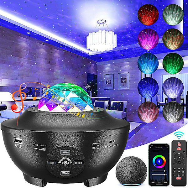 Stjärnprojektor, Galaxprojektor, 4 i 1 med 21 belysningslägen Natt Havsvågprojektor med musikspelare Bluetooth-högtalare Fjärrkontroll