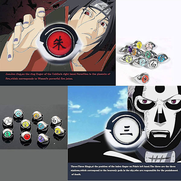 Wabjtam 10 stk. ringe sæt Anime Naruto Cosplay rekvisit Ninja Uchiha Itachi halskæde mænds smykker, justerbar lukning