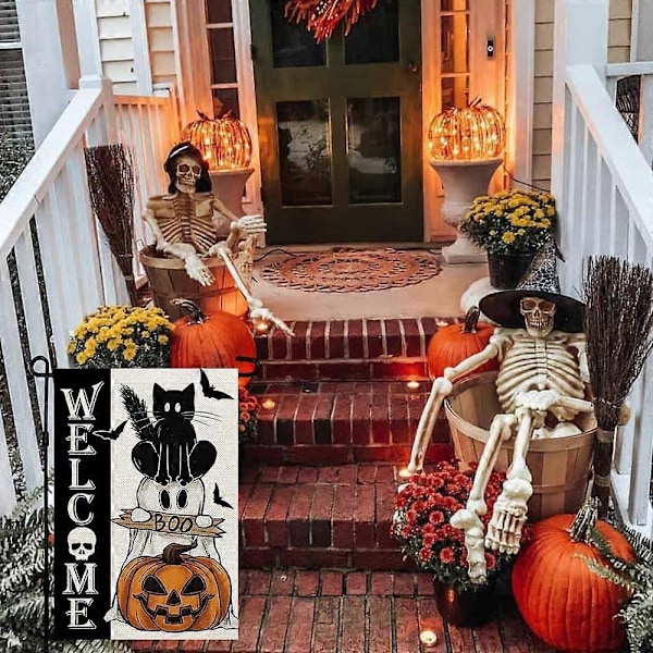 Halloween Spöke Katt Boo Trädgårdsflagga 12x18 Tum Liten Dubbelsidig Burlap Välkommen Säsongsbetonad Semestergård Utomhus