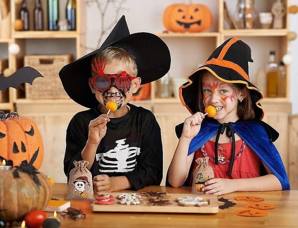 Halloween Juteväskor, 12 stycken små presentpåsar med dragsko för barn