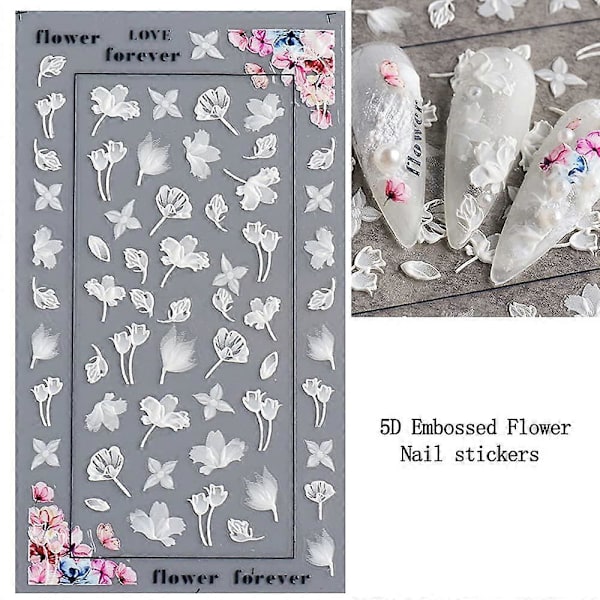 Blomster Nagelsticker Dekaler 5D Ihålig Utsökt Mönster Nagelkonst Tillbehör Självhäftande Lyxig Nagelkonst Dekoration Vit Fjäder Spets Blomma Löv