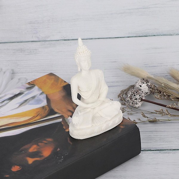 Mediterande sittande Buddha-statyetsnideri hantverk för hemdekoration prydnad (vit)