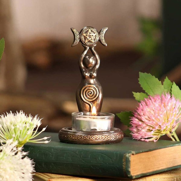 Triple Spiral Goddess Tea Light Moon kynttilänjalka hartsiveistos kodin sisustus