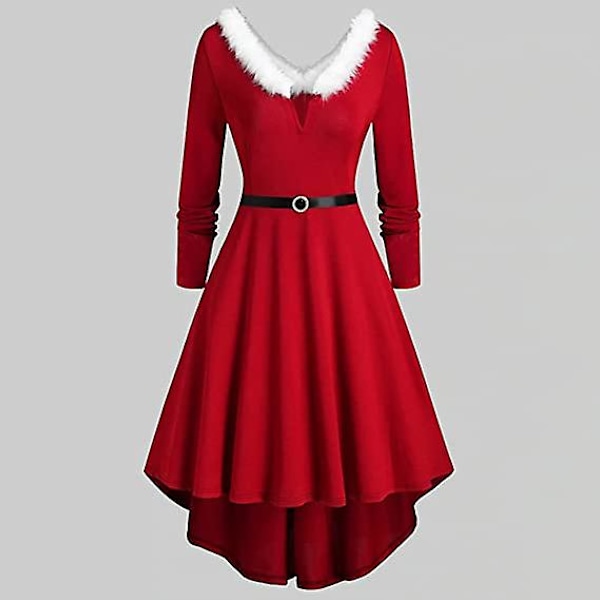 Julklänning för kvinnor i storlek plus, Mrs Claus-kostym, juloutfit, fluffig V-ringad svingklänning, festklänning, XXL