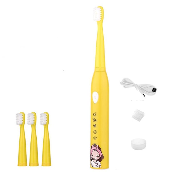 Elektrisk tannbørste for barn, automatisk tegneserievanntett tannbørste, Sonic USB-lading 4 børstehoder（gule）
