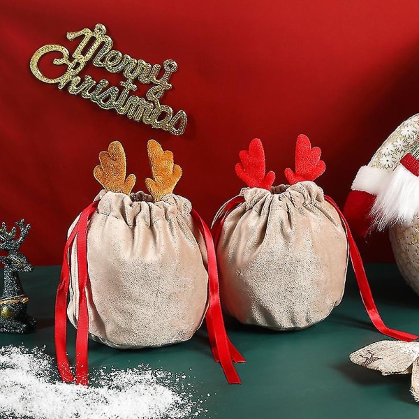 10 kpl Christmas Halloween Candy Antlers laukku Velvet Draw String Party -lahjapaperi, uudelleenkäytettävät pussit lahjatavaraa karkkia varten (punainen)