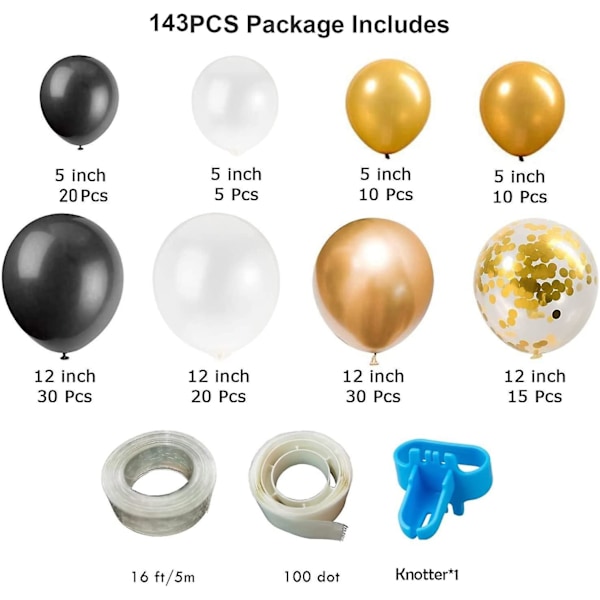 143-dels Ballongbåge-kit, Svart Gyllene Ballonggirlang, Konfetti Latexballong för Pojke Flicka Födelsedagsfest, Babyshower Bröllop Bröllop Förlovning