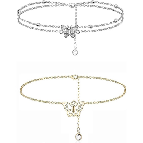 Boho Fjärilslagerade Anklets Armband Pärlade Lager Beach Fjärilsanklets Armband för Kvinnor Flickor Sommar Strand Fot Smycken Set 2 Set -