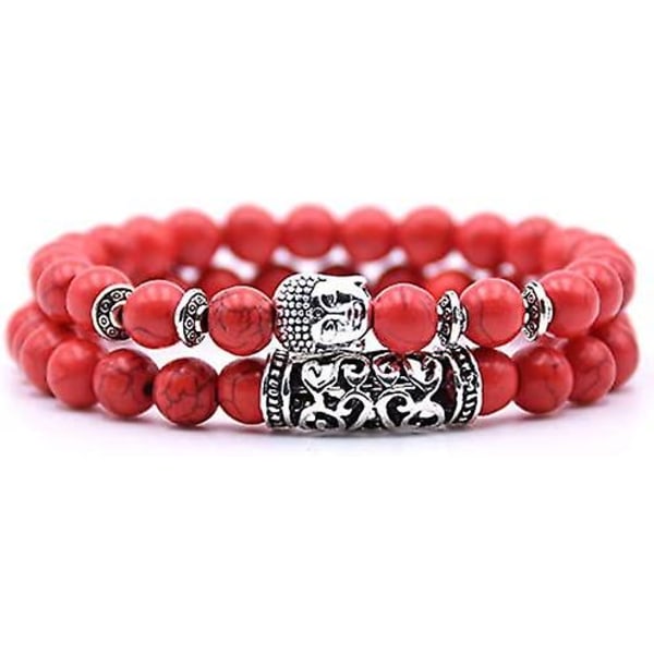 WABJTAM Buddhist Perle Armbånd - To Tibetanske Perle Armbånd med Buddha Hode Amulett og Chakra Beskyttelsesstein - Energy Beads Armbånd-rød