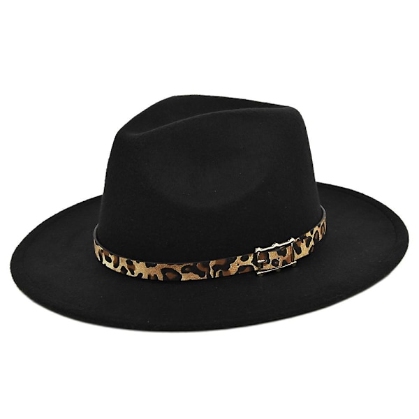 New Style Leopard Woolen Hat Jazz Hat Retro Black Woolen Jazz Hat Flat Brim Big Brim Hat