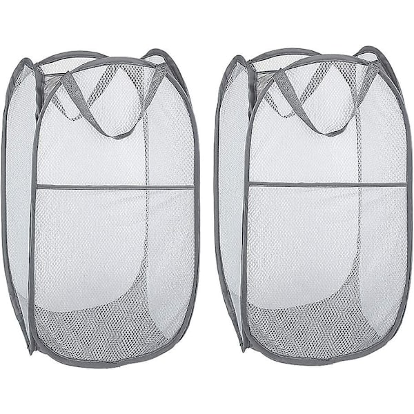 Tvättkorg [2-pack] Hopfällbar Pop Up Mesh Tvättkorg Tvättsäck Hopfällbar Tvättkorg med Handtag, Grå