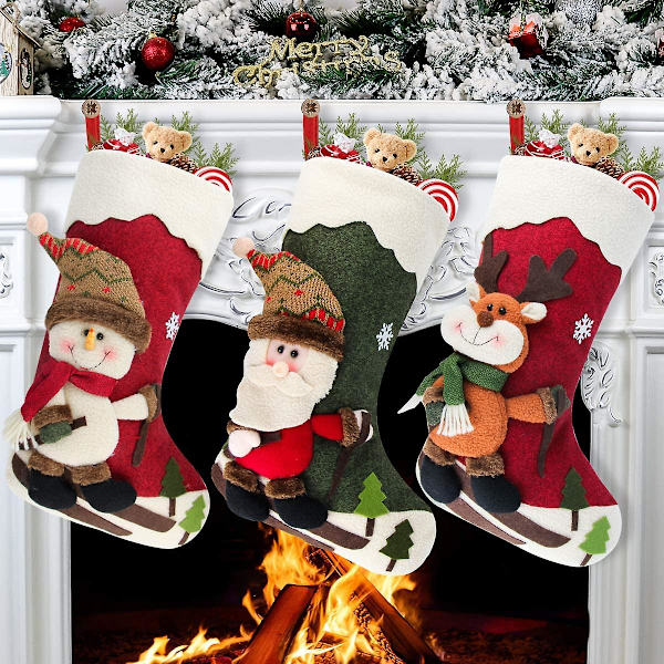 3-pack Julstrumpor 18 tum (cirka 45,7 cm), med 3D Tomte, Snögubbe