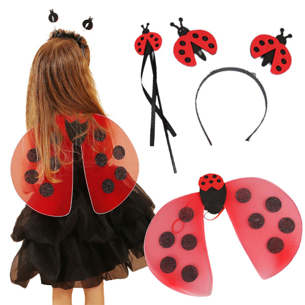 Ladybug Wings Pannband Wand Kostym Set med 4 för födelsedag Halloween Party kostym