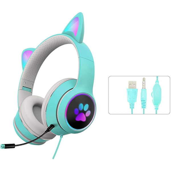 Hopfällbara spelheadset med kattöron, RGB LED-ljus, stereoljud, mikrofon, USB 3,5 mm kabelanslutna over-ear-spelheadset för barn och vuxna