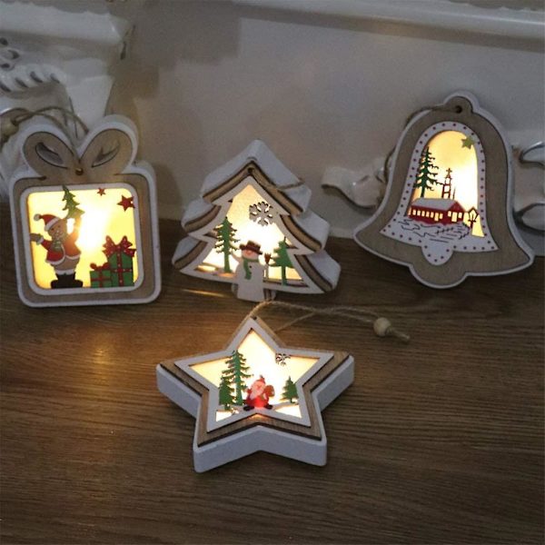 Paket med 4 LED-julkulor i trä, julgransdekoration i trä, julgransdekoration