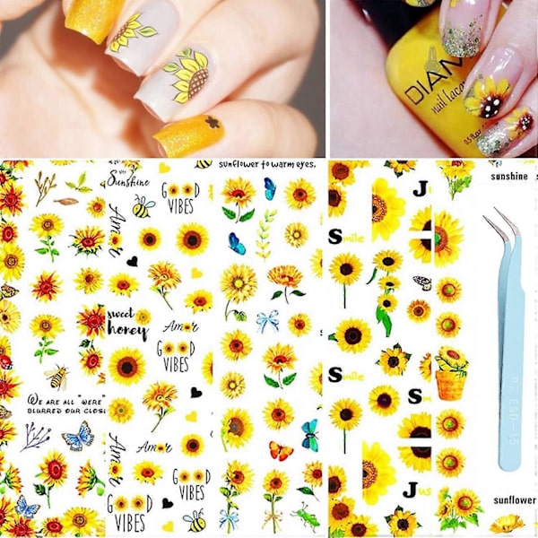 12 Ark Solros Nagelkonst Dekaler med Pincett Blommiga Blommor Nagelkonst Dekal Självhäftande Solros Dekaler Små Prästkragar Blommor Nagelklistermärken